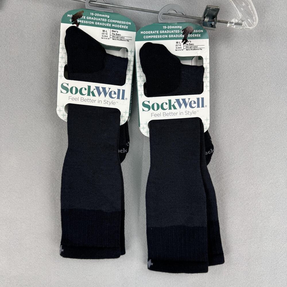 SockWell Socks Mens M-L Black Moderate Compression Over The Calf Wool Bamboo USA